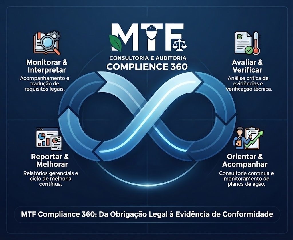 Infográfico Ciclo MTF Compliance 360: Monitorar, Analisar, Verificar, Orientar, Acompanhar, Melhorar